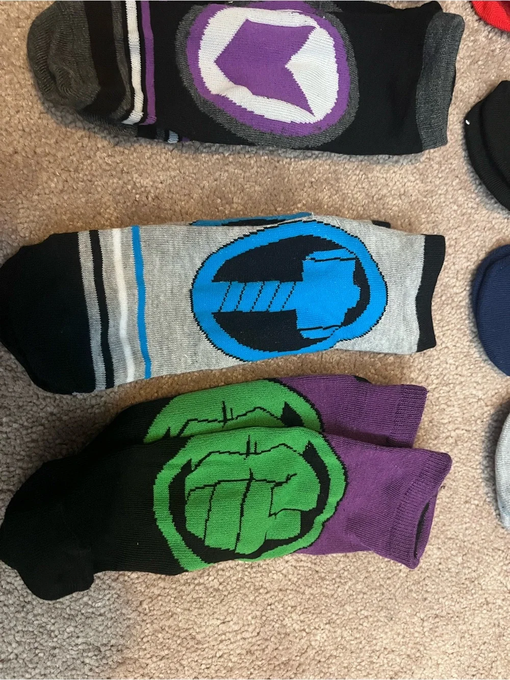 Marvel Men's Crew Socks Pack - Red, Yellow, Blue, Black, Gray, Purple, Green